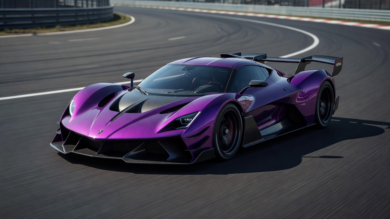 Aerodynamic profile of a custom electric purple hypercar on a pristine track