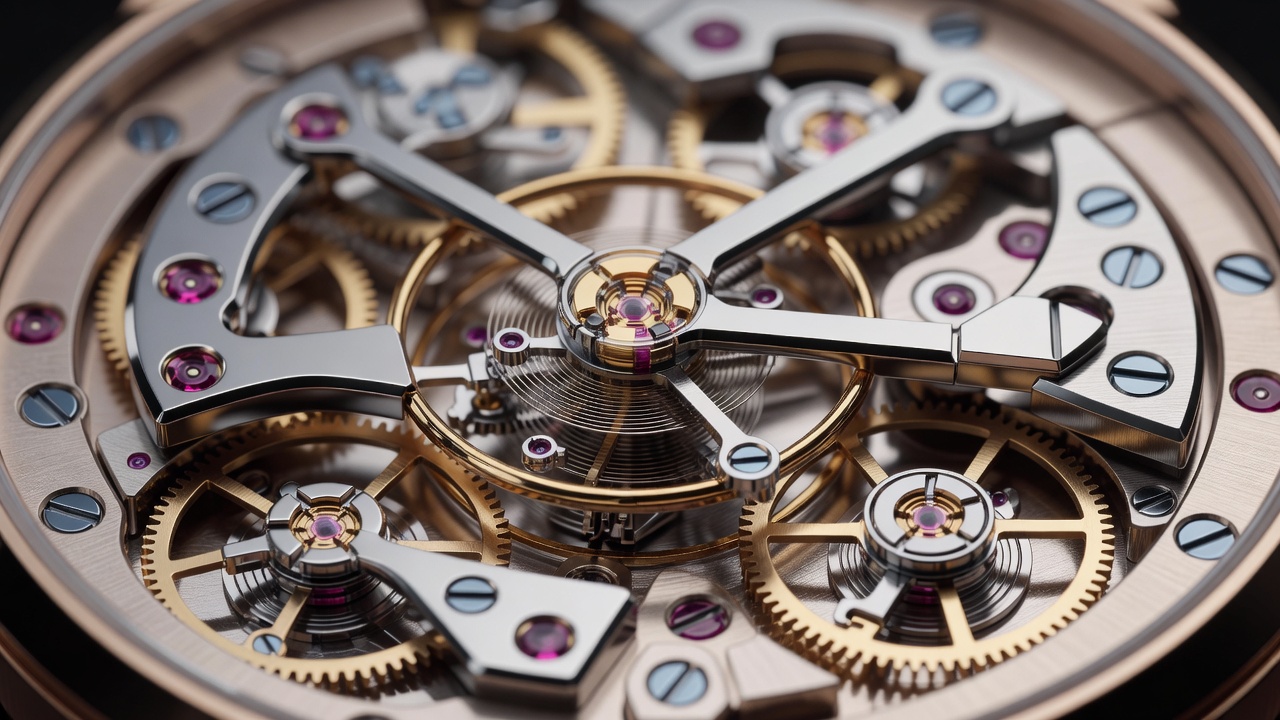 Detailed close-up view of a high-end luxury mechanical tourbillon watch movement