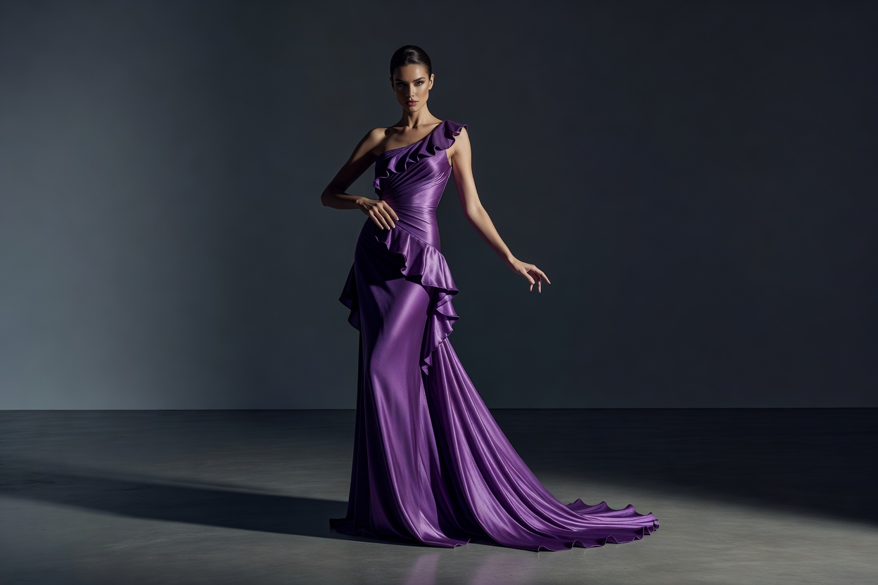 High Fashion Model in Luxury Purple Silk Gown