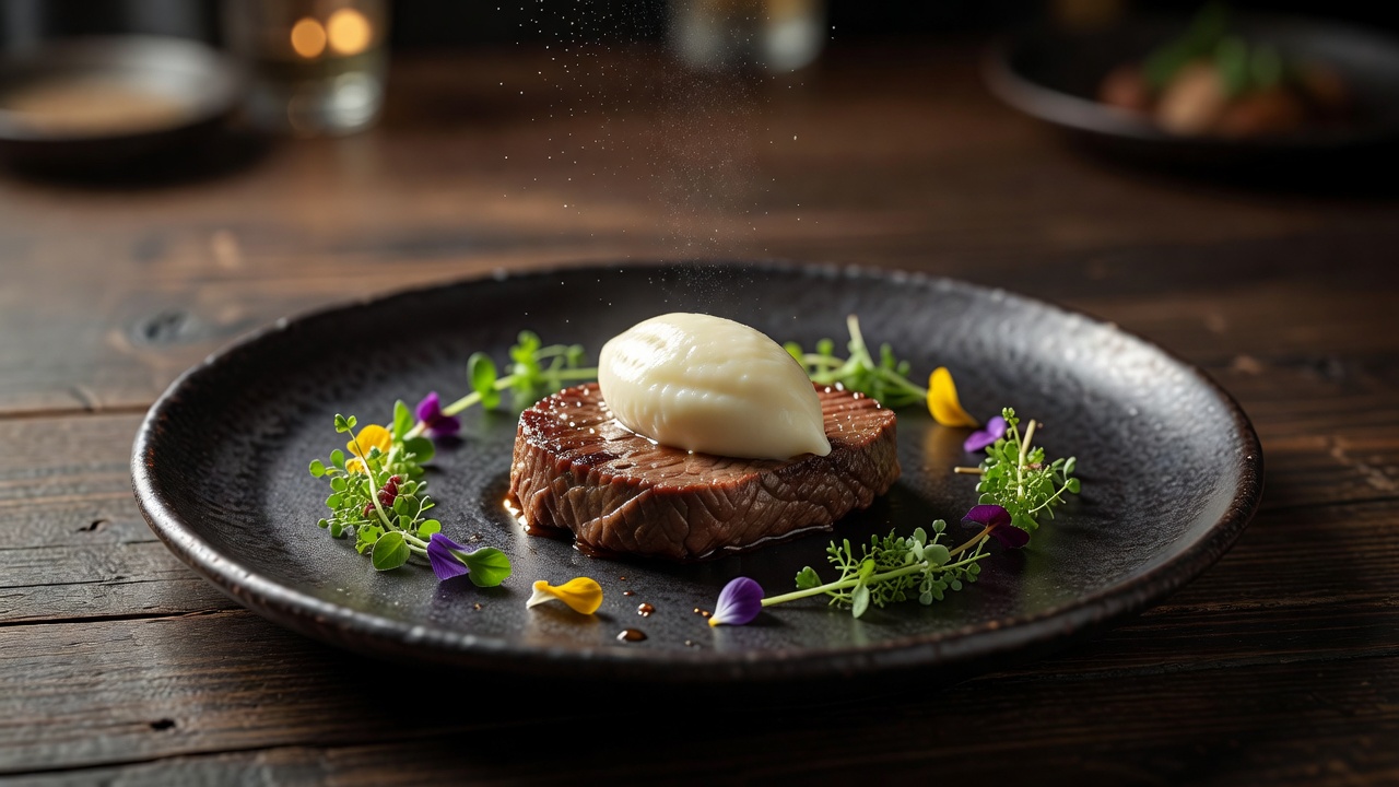Plated haute cuisine with delicate micro-herbs and truffle essence