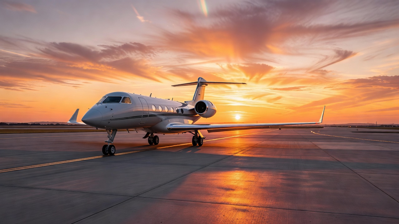 Private Jet parked on luxury airport tarmac during golden hour sunset